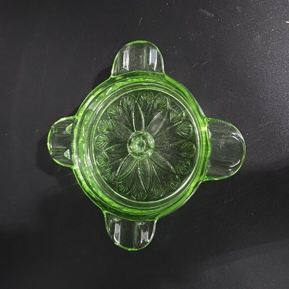 Jeanette Sunflower Ashtray Vaseline Glass Uranium 5" Green With Snuffer 1930s - Picture 6 of 9